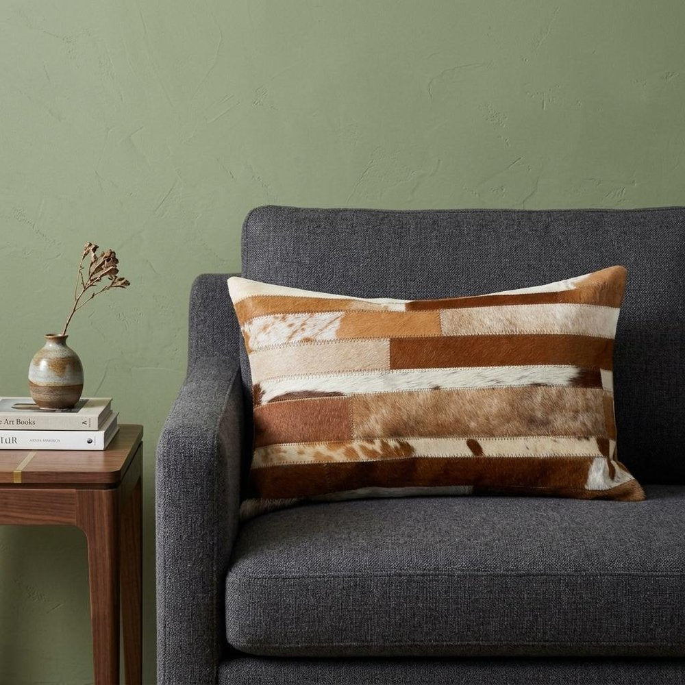 12" X 20" Brown and White Cowhide Throw Pillow HomeRoots