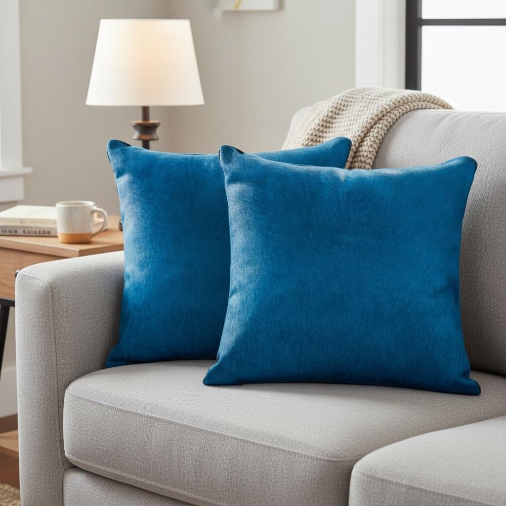 Set of Two 18" Royal Blue Cowhide Throw Pillows — view 5