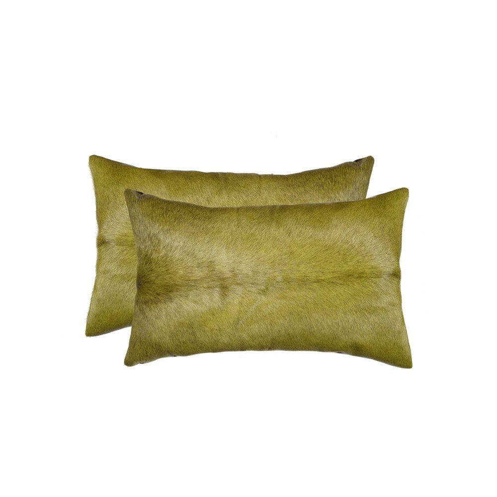 Set of Two 12" X 20" Lime Green Cowhide Throw Pillow — view 1