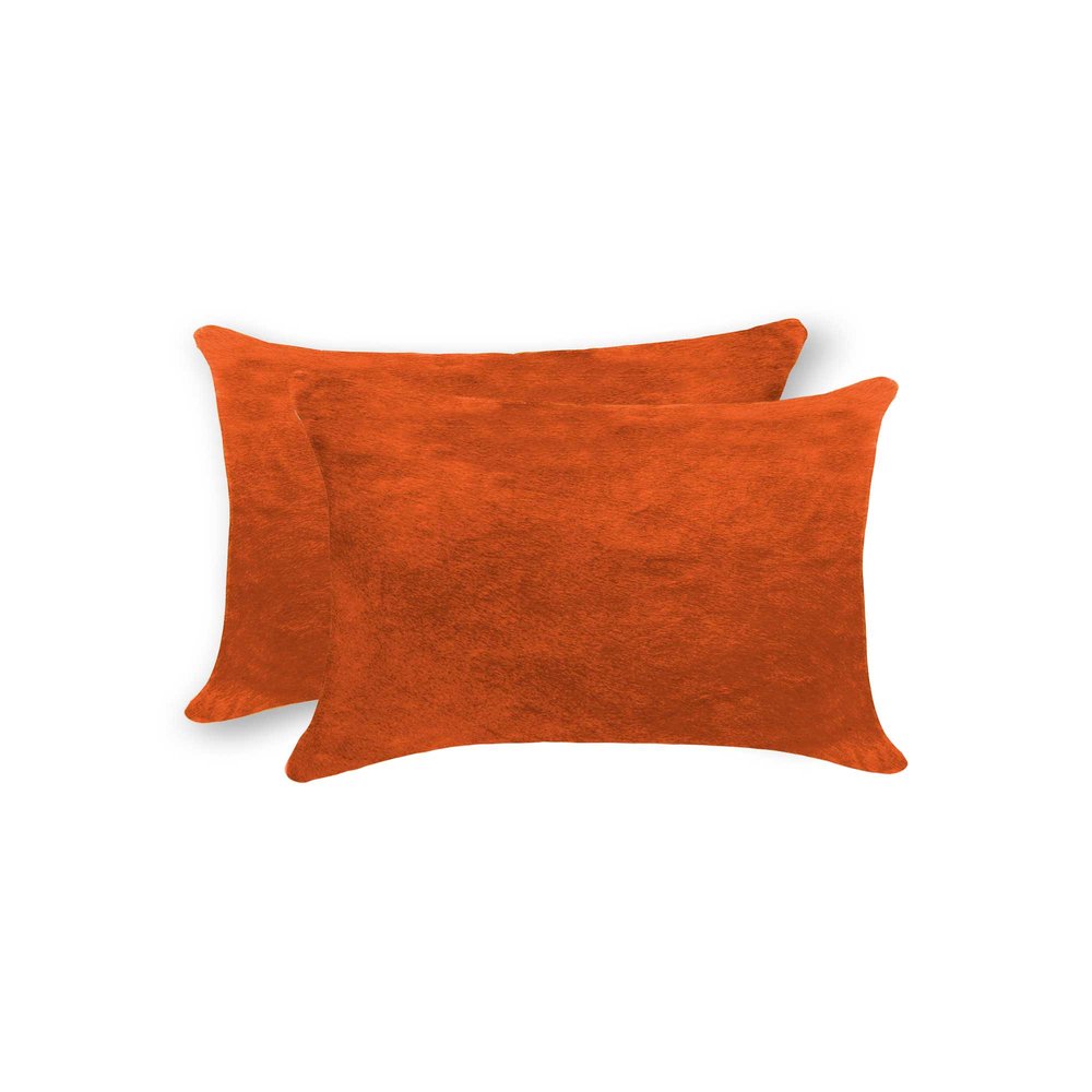 Set of Two 12" X 20" Orange Genuine Cowhide Lumbar Throw Pillows HomeRoots