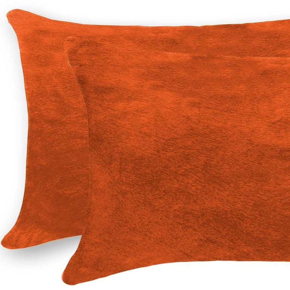 Set of Two 12" X 20" Orange Genuine Cowhide Lumbar Throw Pillows HomeRoots