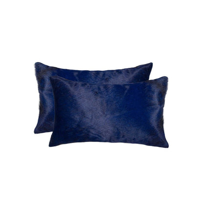 Set of Two 12" X 20" Navy Blue Cowhide Lumbar Throw Pillows HomeRoots