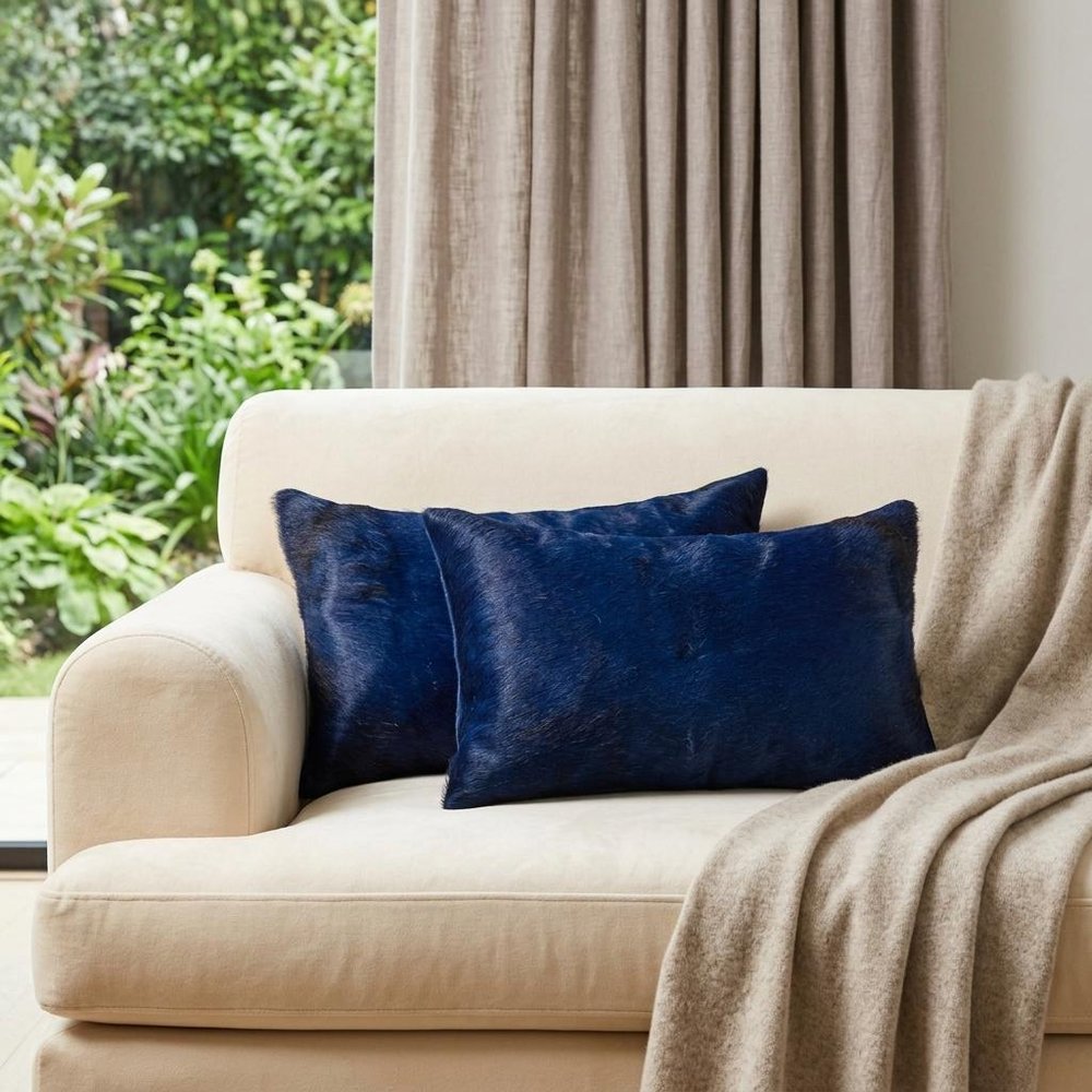 Set of Two 12" X 20" Navy Blue Cowhide Lumbar Throw Pillows HomeRoots