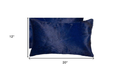 Set of Two 12" X 20" Navy Blue Cowhide Lumbar Throw Pillows HomeRoots