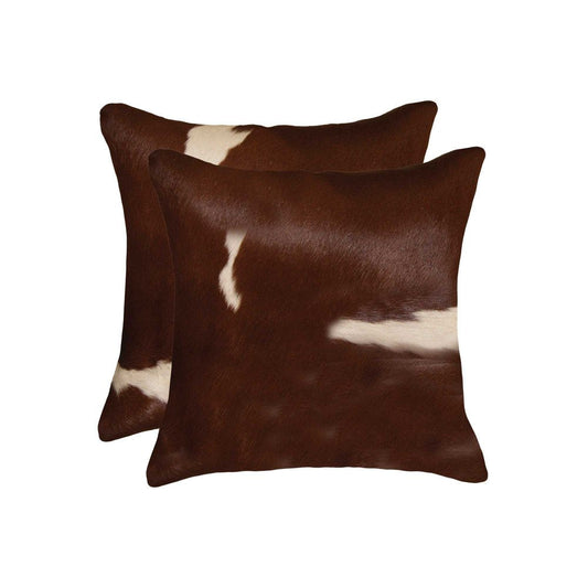 Set of Two 18" Brown And White Cowhide Throw Pillows