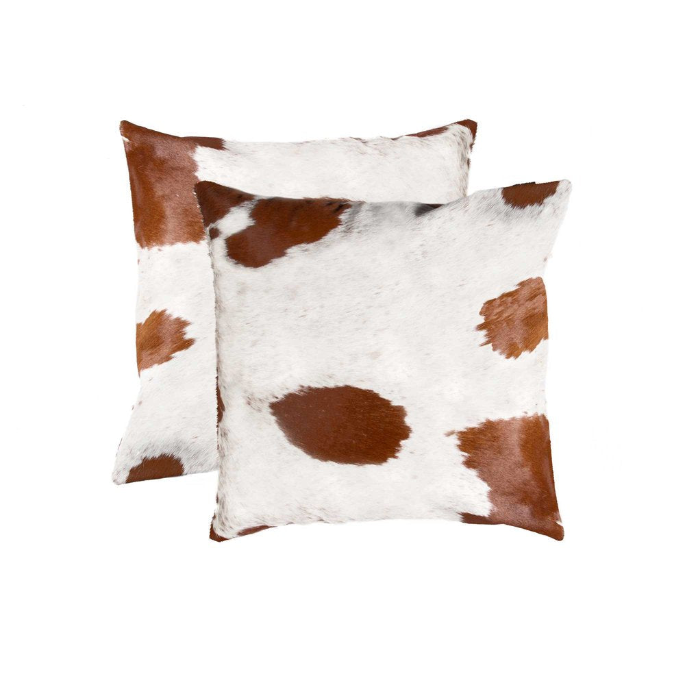Set of Two 18" Brown And White Cowhide Throw Pillows — view 1