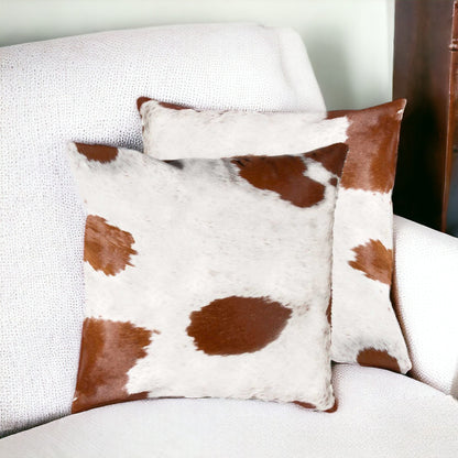 Set of Two Brown and White Cowhide Throw Pillow