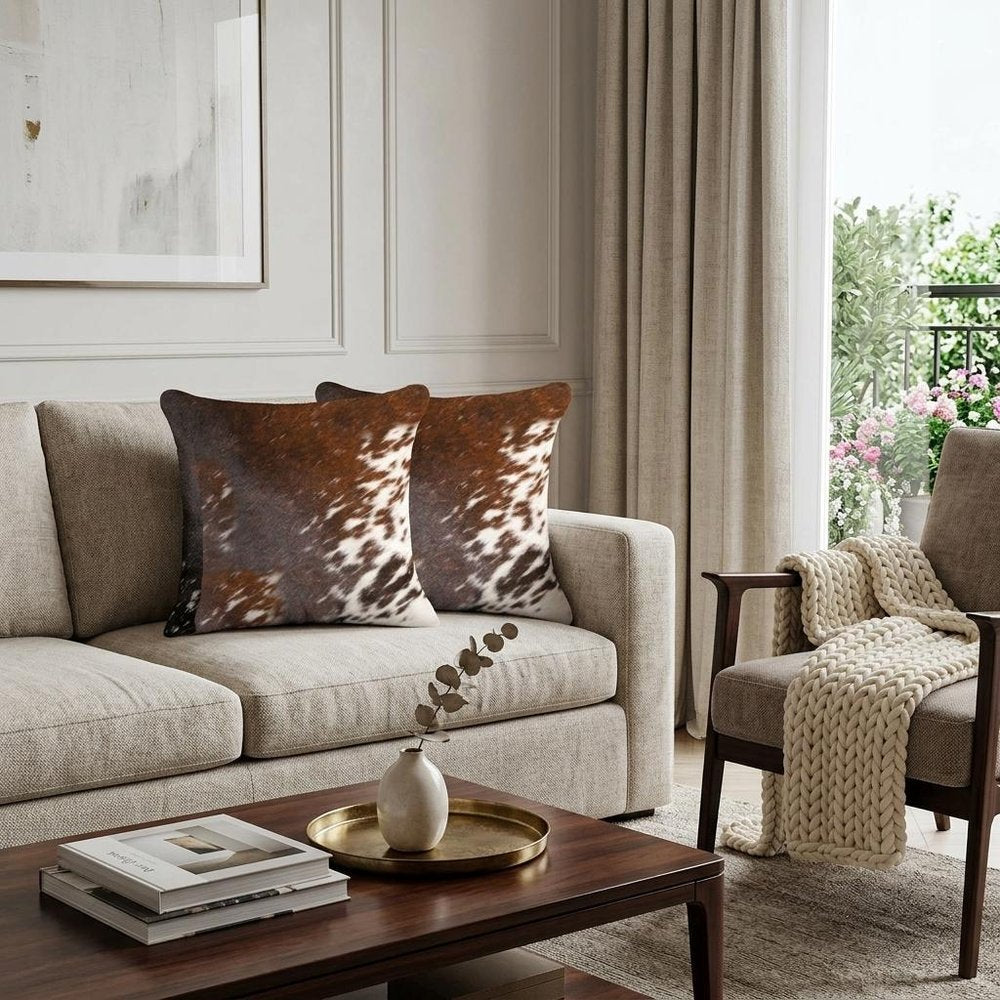 Set of Two 18" Brown and White Cowhide Throw Pillow HomeRoots