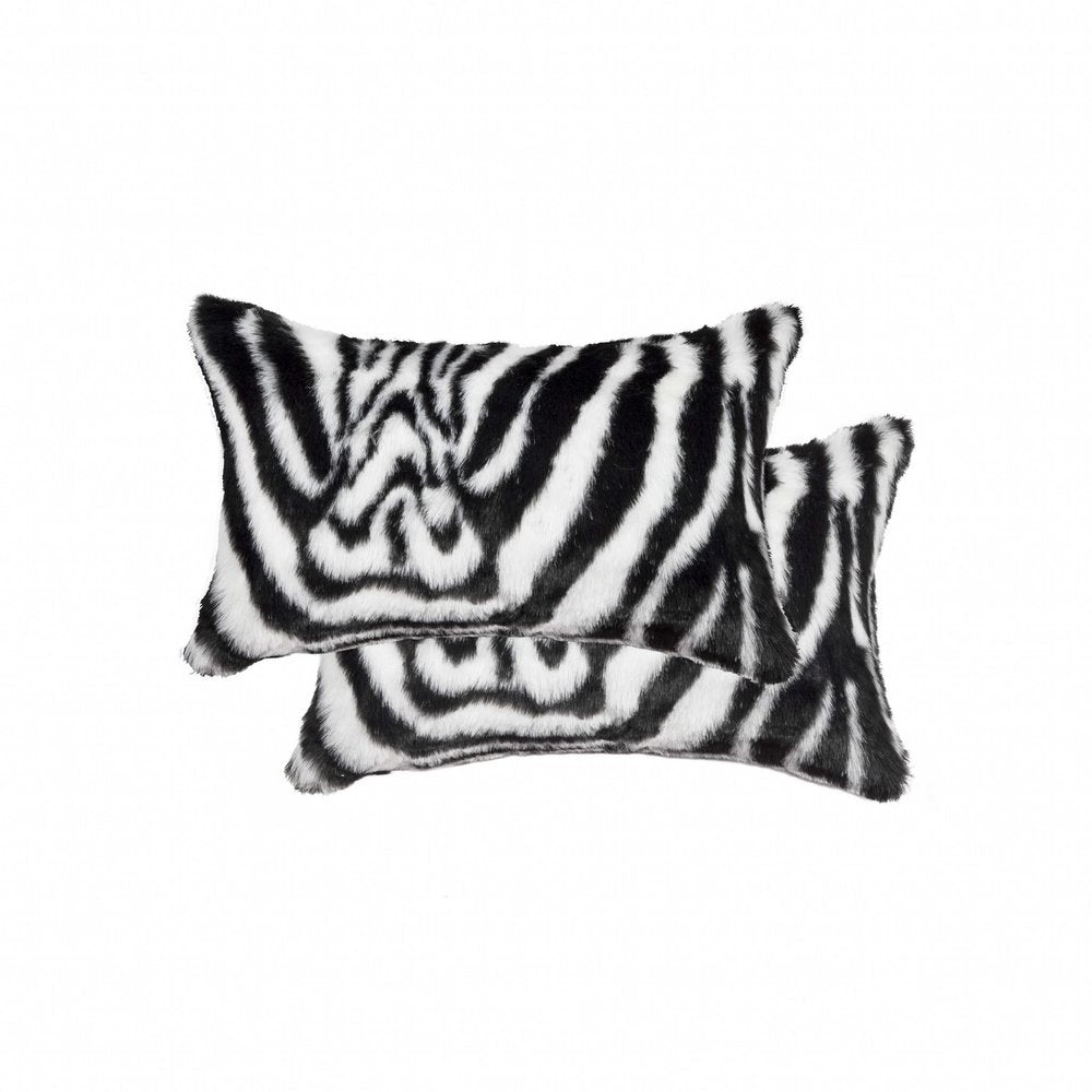 Set of Two 12" X 20" Black and White Faux Fur Throw Pillow HomeRoots