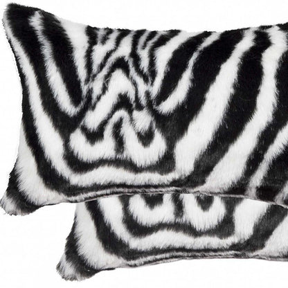 Set of Two 12" X 20" Black and White Faux Fur Throw Pillow HomeRoots