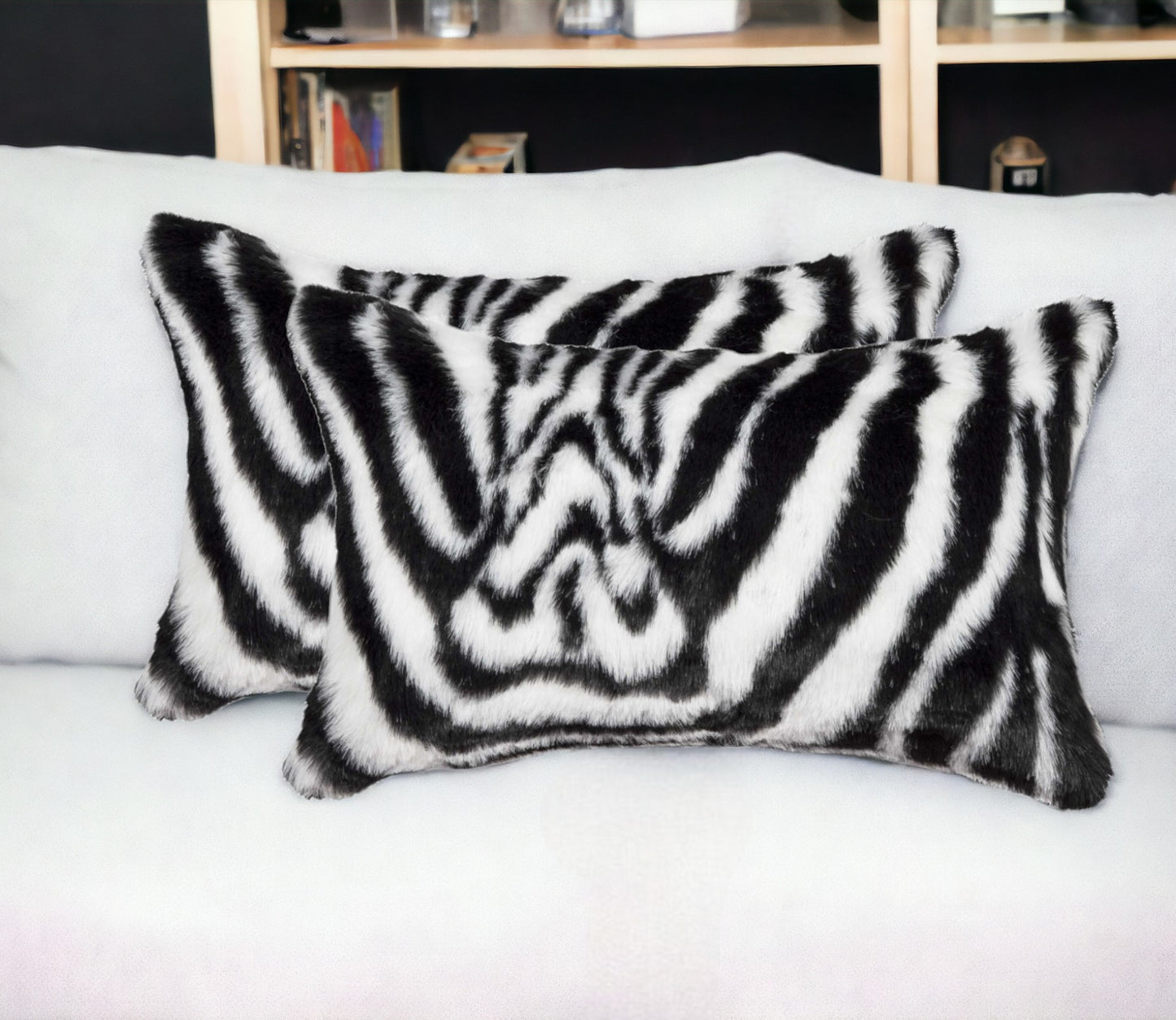 Set of Two 12" X 20" Black and White Faux Fur Throw Pillow