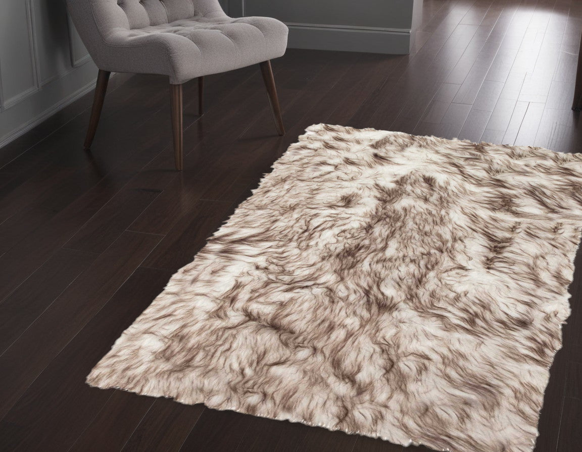 2' X 3' Brown and White Faux Sheepskin Ombre Machine Tufted Non Skid Area Rug - 48.0" (L) x 72.0" (W) x 0.5" (H)