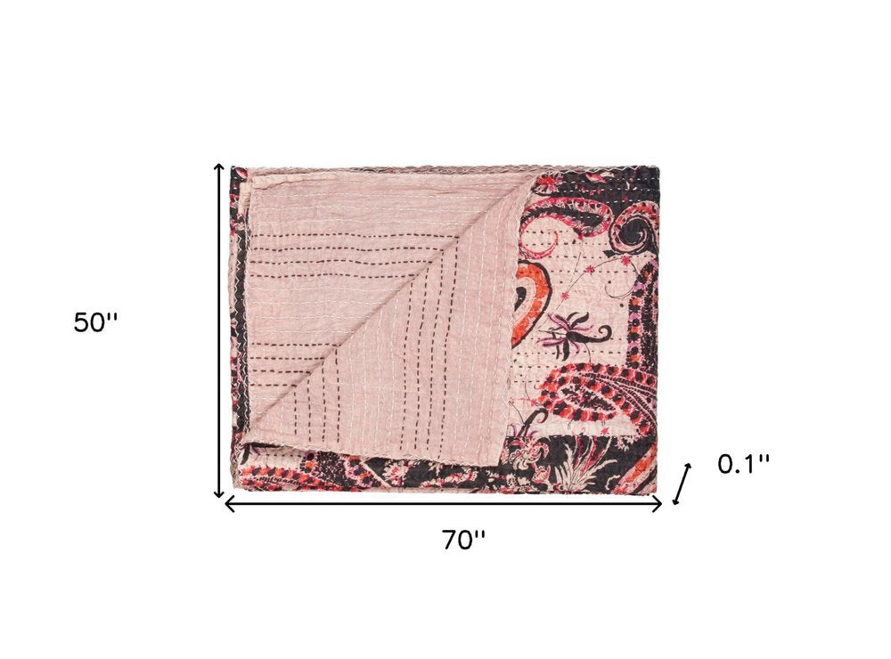 50" X 70" Pink Gray and Blue Kantha Cotton Floral Throw Blanket with Embroidery HomeRoots