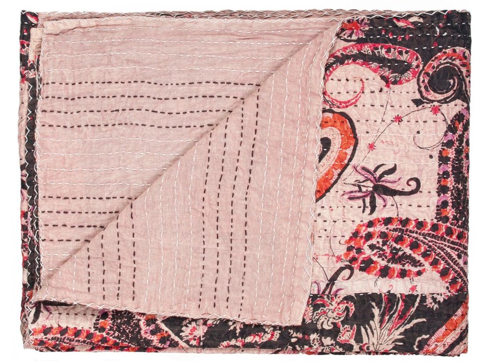 50" X 70" Pink Gray and Blue Kantha Cotton Floral Throw Blanket with Embroidery HomeRoots