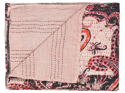 50" X 70" Pink Gray and Blue Kantha Cotton Floral Throw Blanket with Embroidery HomeRoots