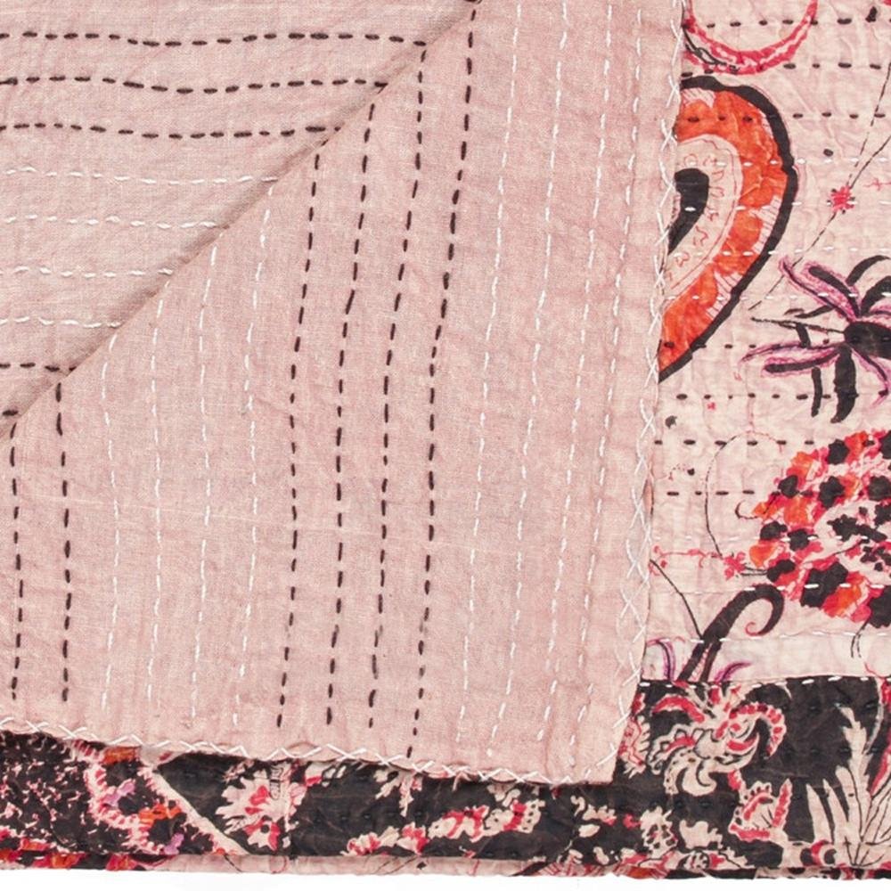 50" X 70" Green and Red Kantha Cotton Damask Throw Blanket with Embroidery HomeRoots