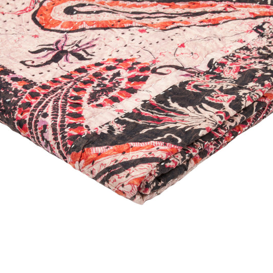 50" X 70" Pink and Black Kantha Cotton Abstract Throw Blanket with Embroidery