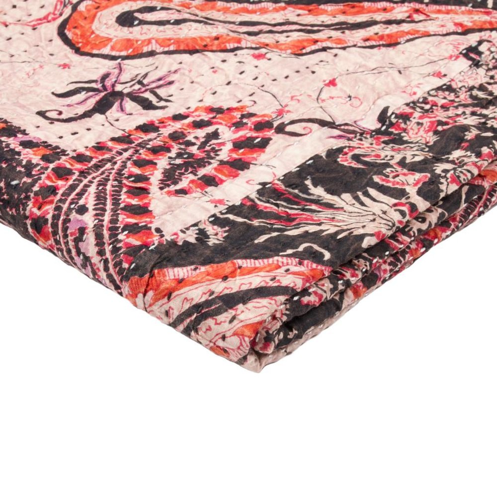 50" X 70" Pink Gray and Blue Kantha Cotton Floral Throw Blanket with Embroidery HomeRoots