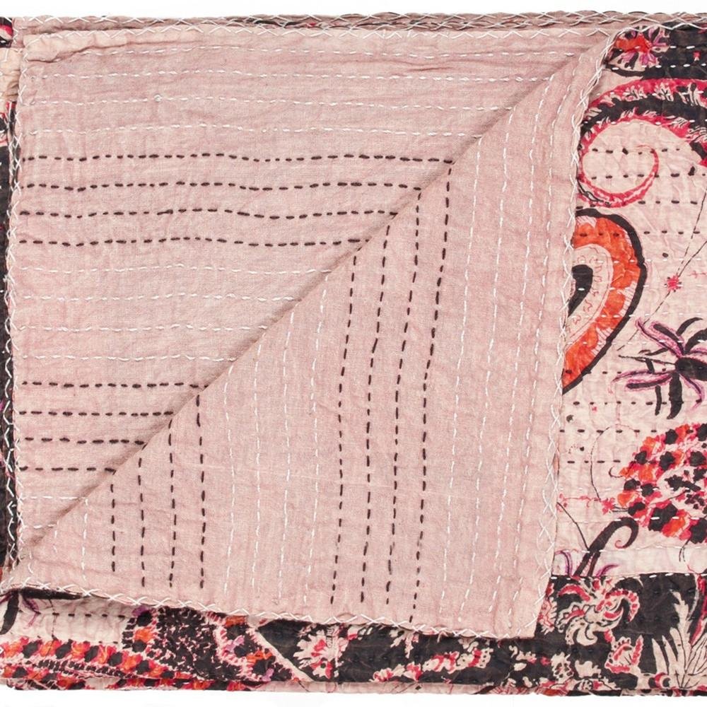 50" X 70" Pink Gray and Blue Kantha Cotton Floral Throw Blanket with Embroidery HomeRoots