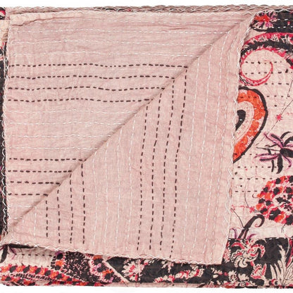 50" X 70" Pink Gray and Blue Kantha Cotton Floral Throw Blanket with Embroidery HomeRoots