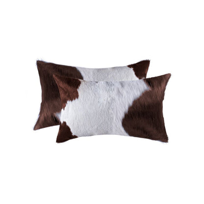Set of Two 12" X 20" Brown and White Genuine Cowhide Throw Pillows HomeRoots