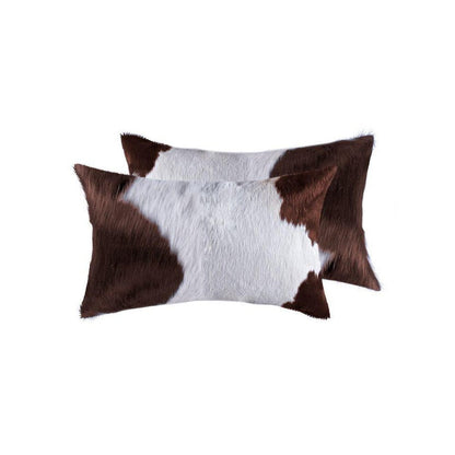 Set of Two 12" X 20" Brown and White Genuine Cowhide Throw Pillows HomeRoots