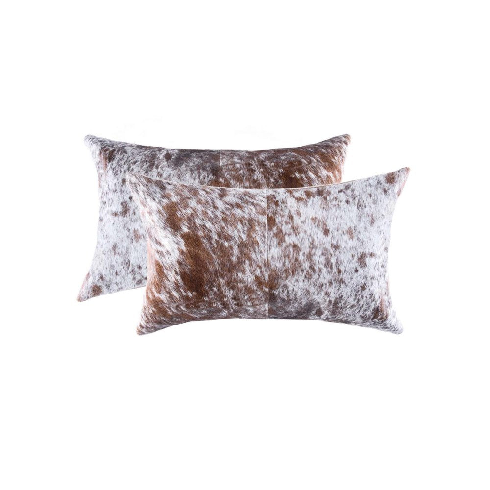 Set of Two 12" X 20" Brown And White Cowhide Throw Pillows — view 1