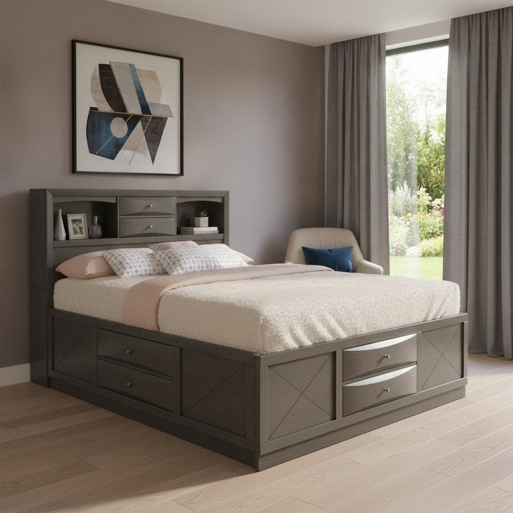 Gray Solid Wood Queen With Ten Drawers Bed Frame HomeRoots