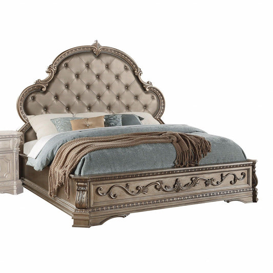 Solid Wood King Tufted Champagne Upholstered Faux Leather Bed With Nailhead Trim - FurniFindUSA