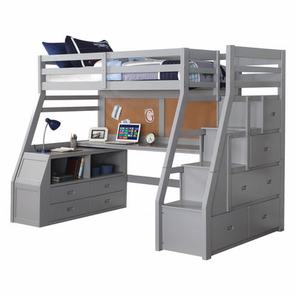 Twin Size Gray Finish Pine Wood Loft Bed - FurniFindUSA