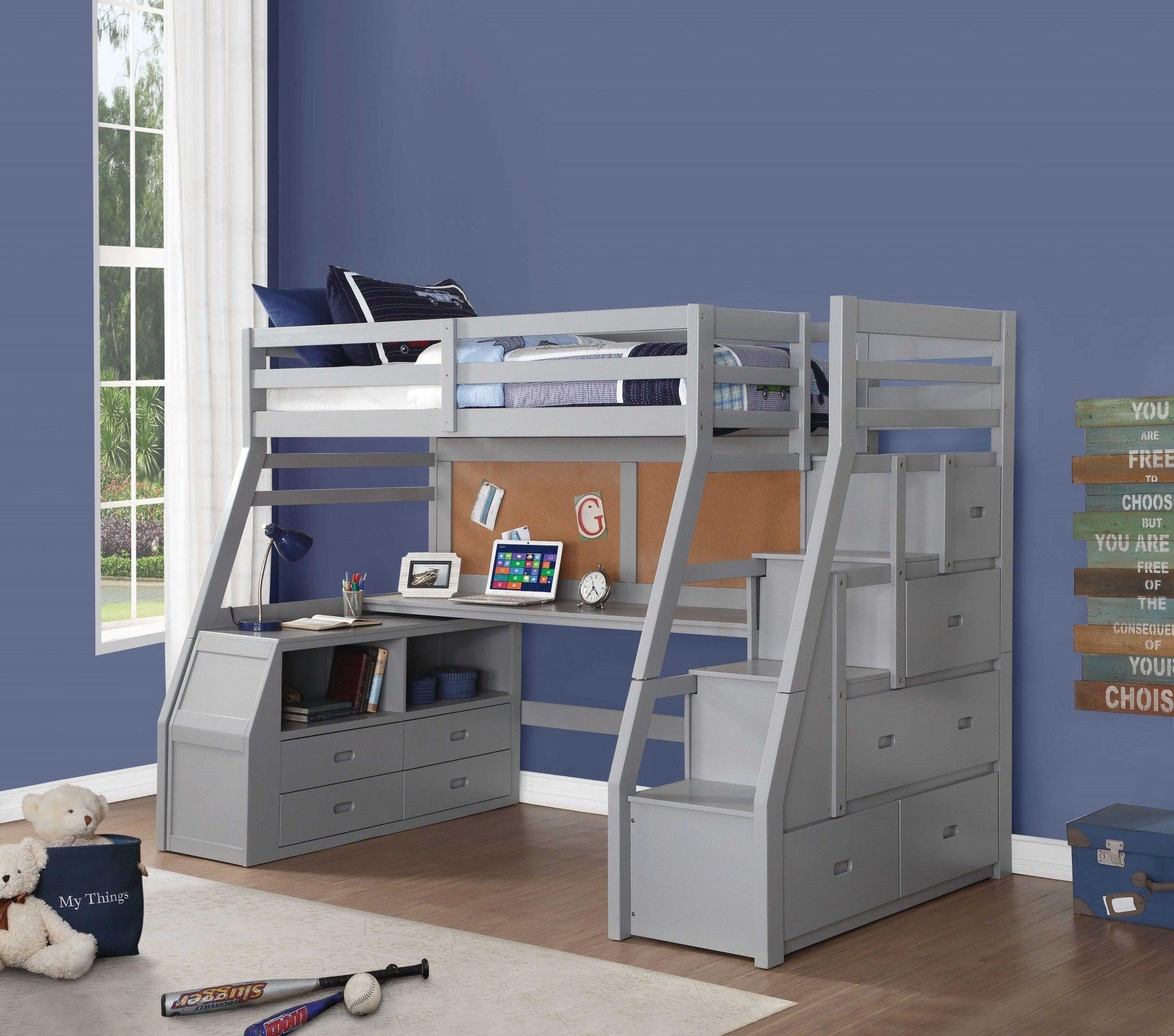 Twin Size Gray Finish Pine Wood Loft Bed - FurniFindUSA