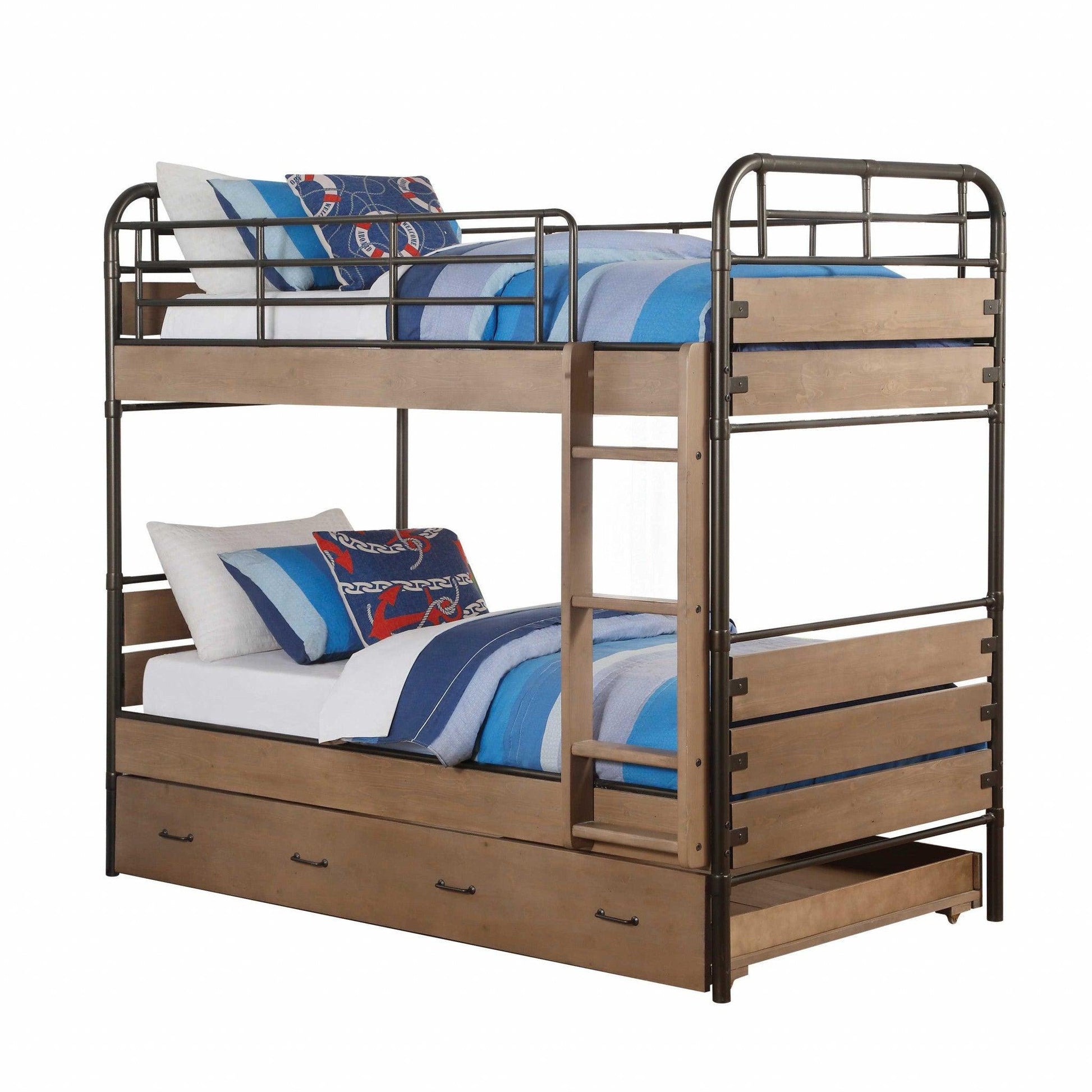 79" X 42" X 71" Antique Oak And Gunmetal Twin Over Twin Bunk Bed - FurniFindUSA