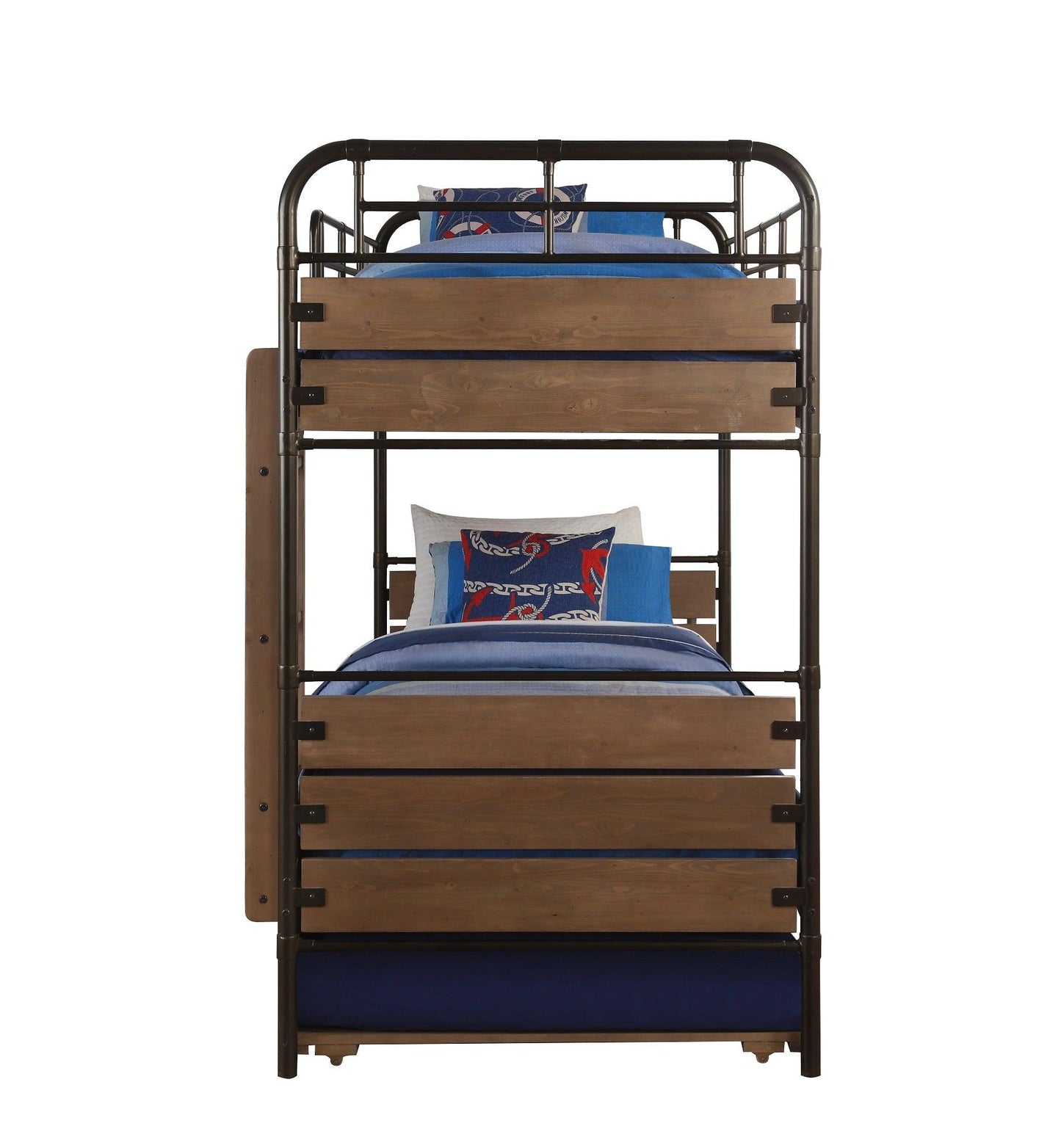 79" X 42" X 71" Antique Oak And Gunmetal Twin Over Twin Bunk Bed - FurniFindUSA