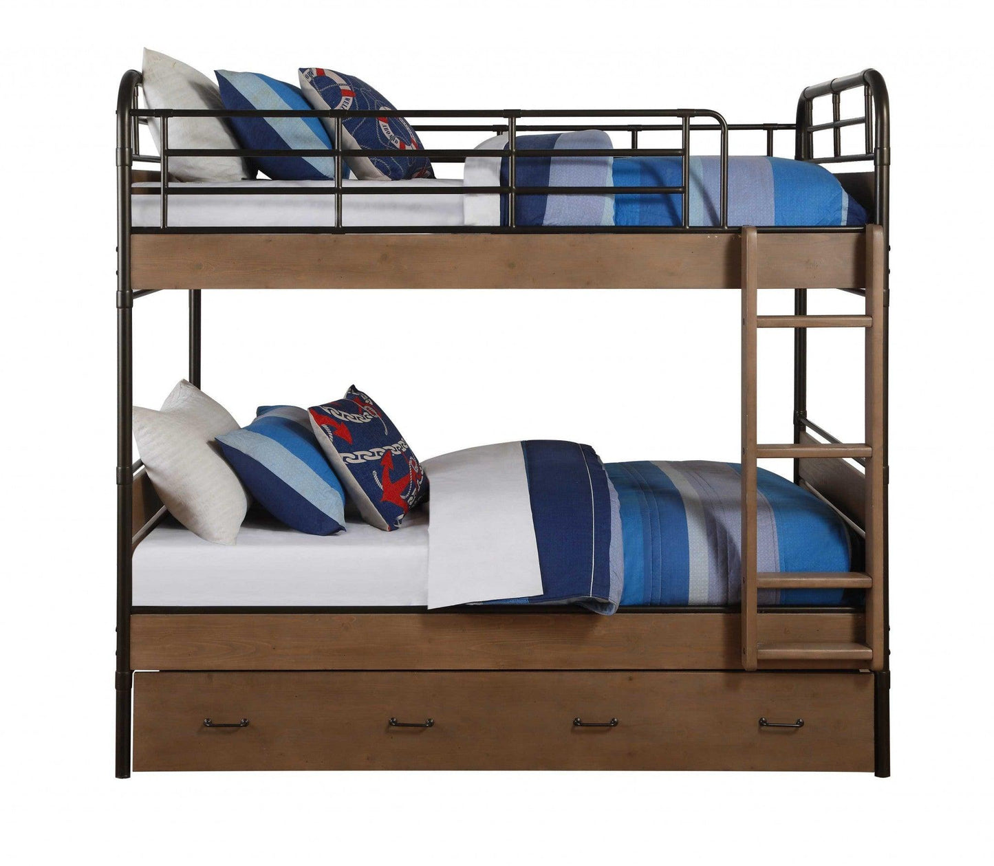 79" X 42" X 71" Antique Oak And Gunmetal Twin Over Twin Bunk Bed - FurniFindUSA