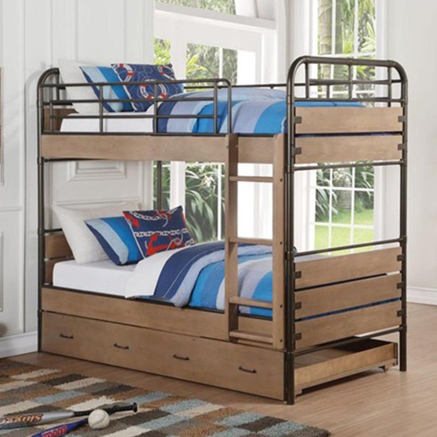 79" X 42" X 71" Antique Oak And Gunmetal Twin Over Twin Bunk Bed - FurniFindUSA