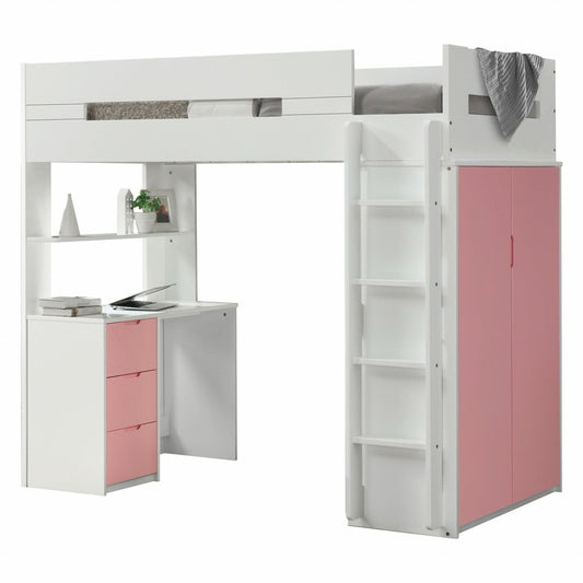 White And Pink Twin Loft Bed And Desk - FurniFindUSA