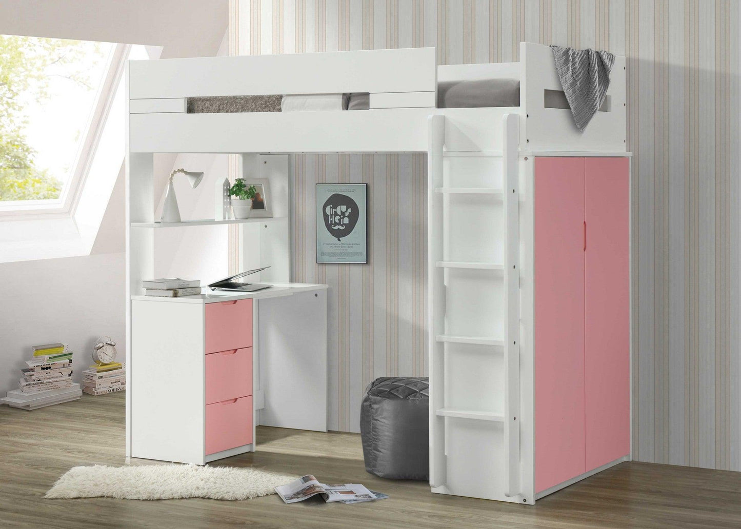 White And Pink Twin Loft Bed And Desk - FurniFindUSA