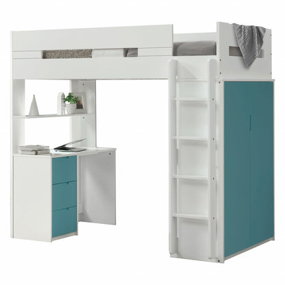 White And Teal Twin Loft Bed And Desk - FurniFindUSA