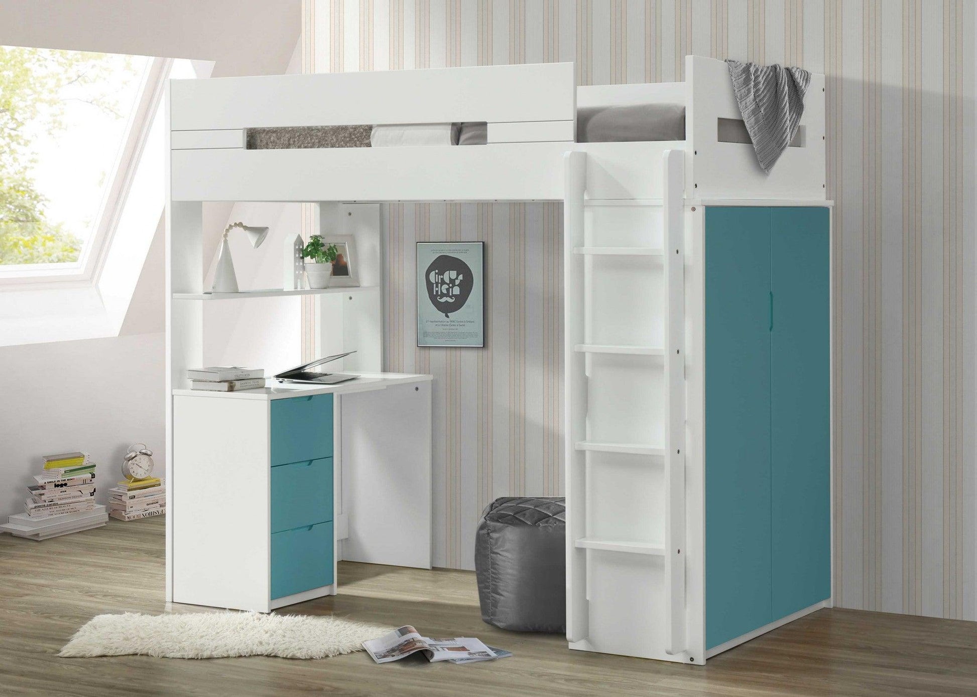 White And Teal Twin Loft Bed And Desk - FurniFindUSA