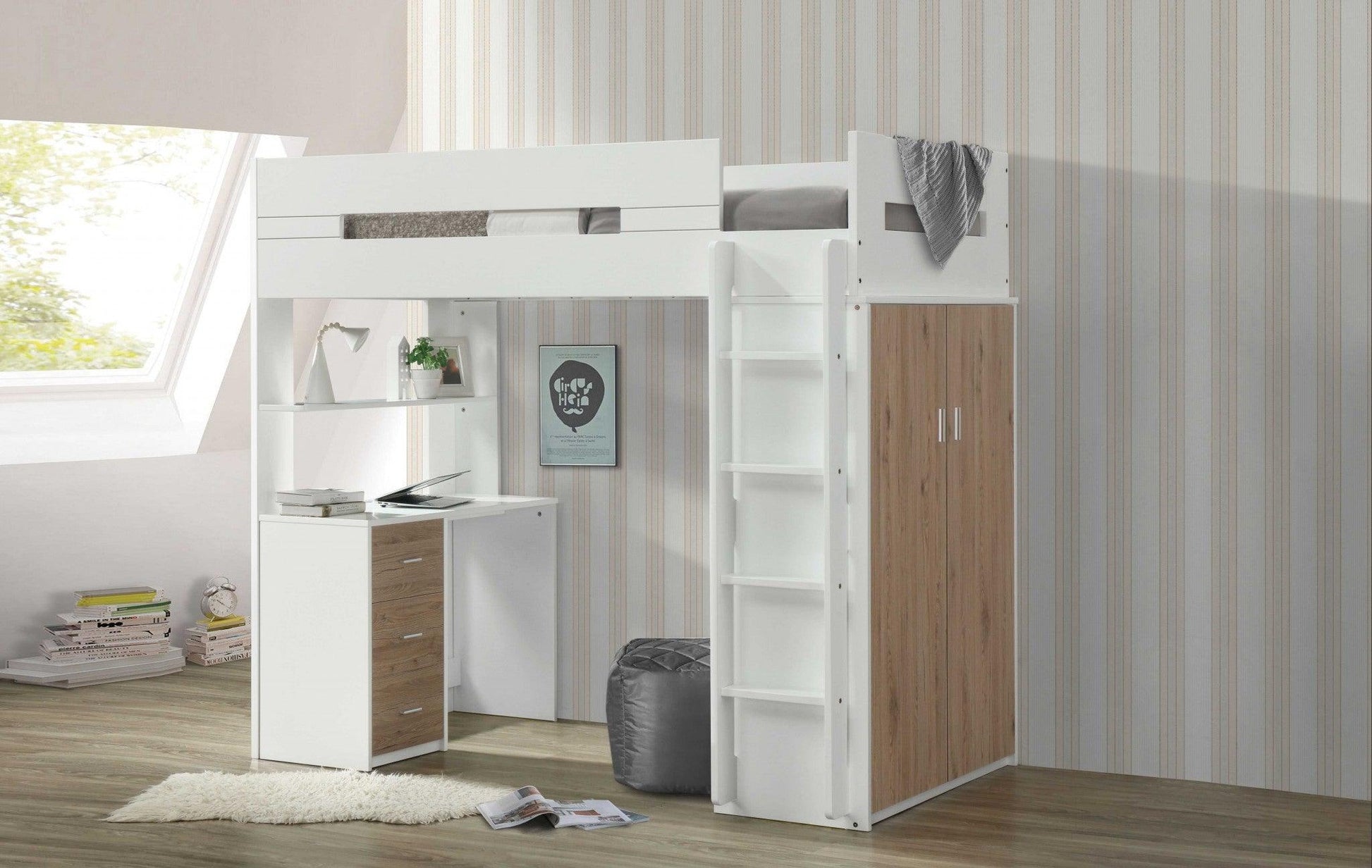 White And Pink Twin Loft Bed And Desk - FurniFindUSA