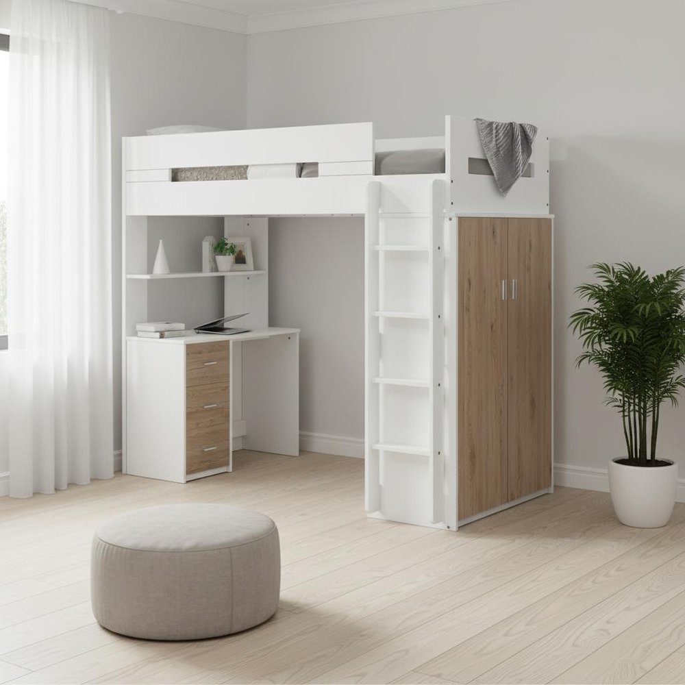 White And Natural Twin Loft Bed And Desk HomeRoots