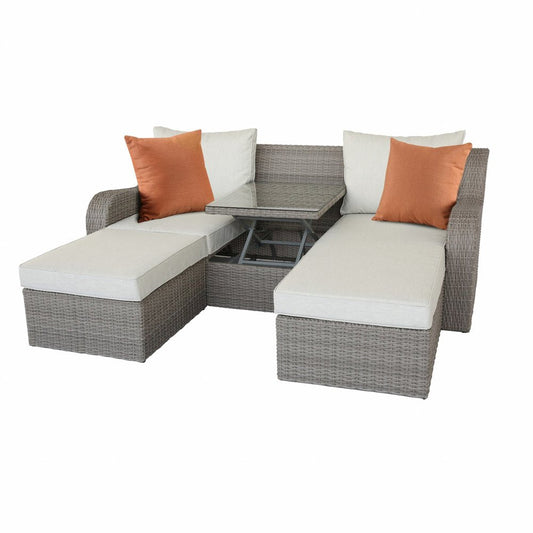 Three Piece Outdoor Gray Wicker Sectional Seating Group with Beige Cushions HomeRoots