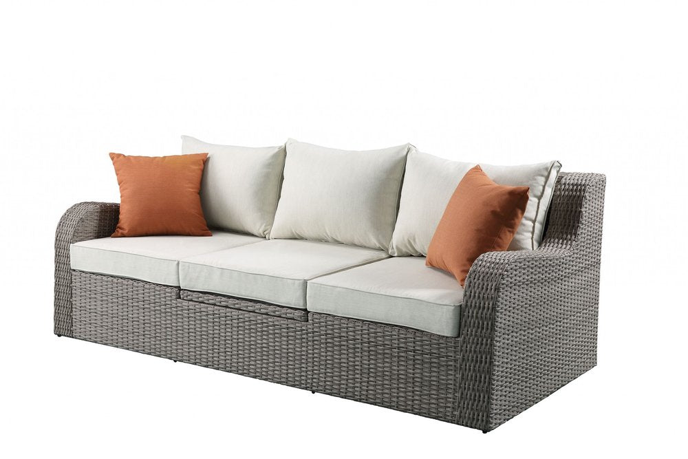 Three Piece Outdoor Gray Wicker Sectional Seating Group with Beige Cushions HomeRoots