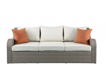 Three Piece Outdoor Gray Wicker Sectional Seating Group with Beige Cushions HomeRoots