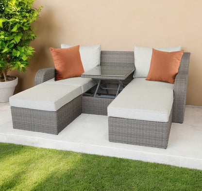 Three Piece Outdoor Gray Wicker Sectional Seating Group with Beige Cushions HomeRoots