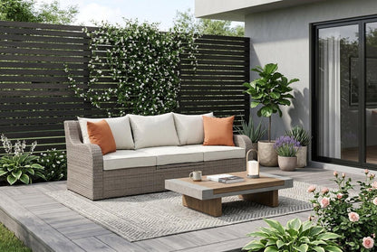 Three Piece Outdoor Gray Wicker Sectional Seating Group with Beige Cushions HomeRoots
