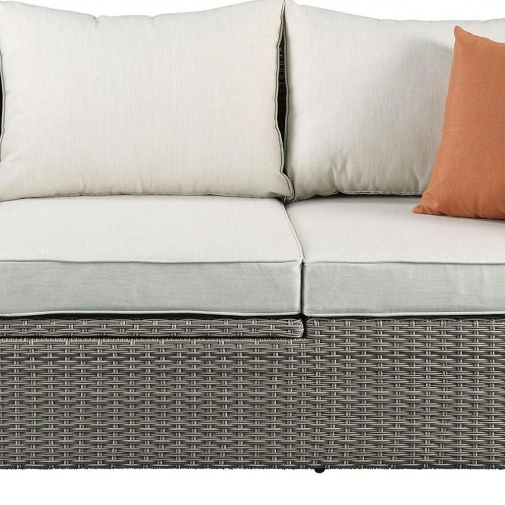 Three Piece Outdoor Gray Wicker Sectional Seating Group with Beige Cushions HomeRoots