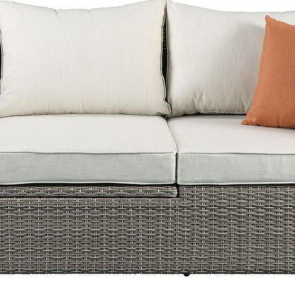 Three Piece Outdoor Gray Wicker Sectional Seating Group with Beige Cushions HomeRoots