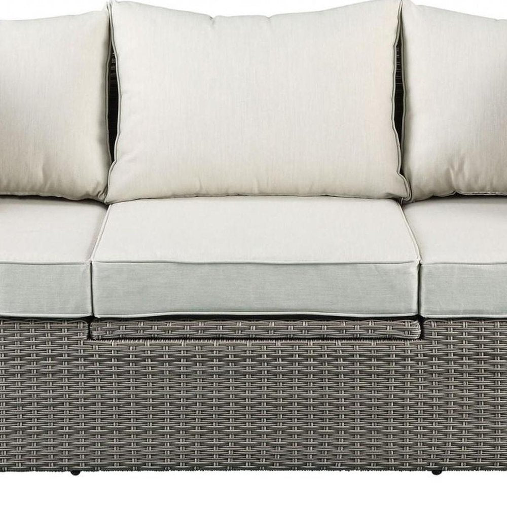 Three Piece Outdoor Gray Wicker Sectional Seating Group with Beige Cushions HomeRoots