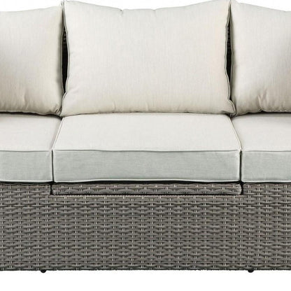 Three Piece Outdoor Gray Wicker Sectional Seating Group with Beige Cushions HomeRoots